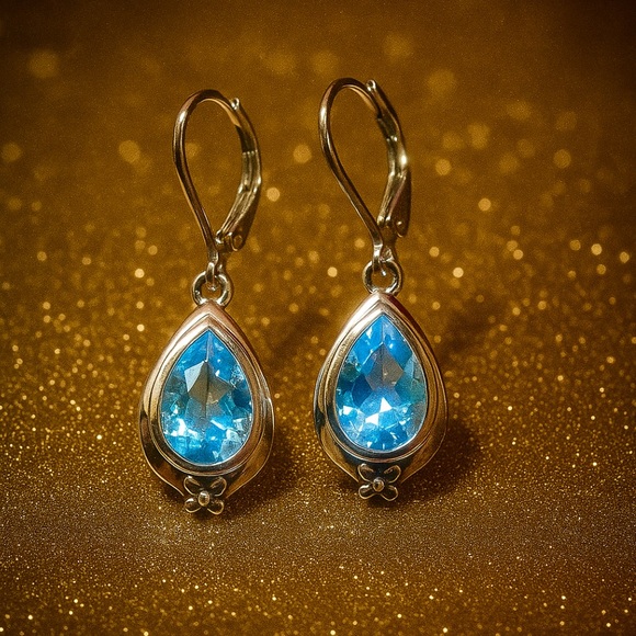 Jewelry - Sterling Silver Large Genuine Blue Topaz Lever Back Earrings